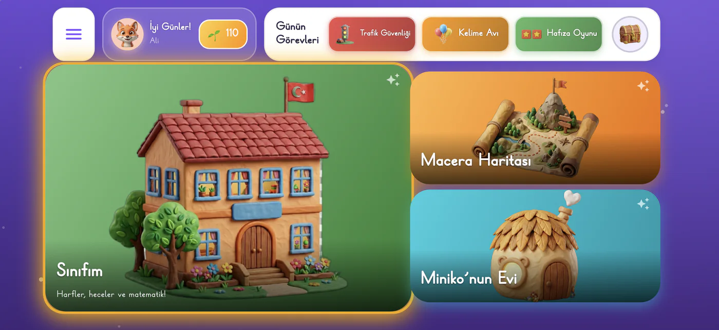 Minikokur ana ekranında Sınıfım, Macera Haritası ve Miniko'nun Evi