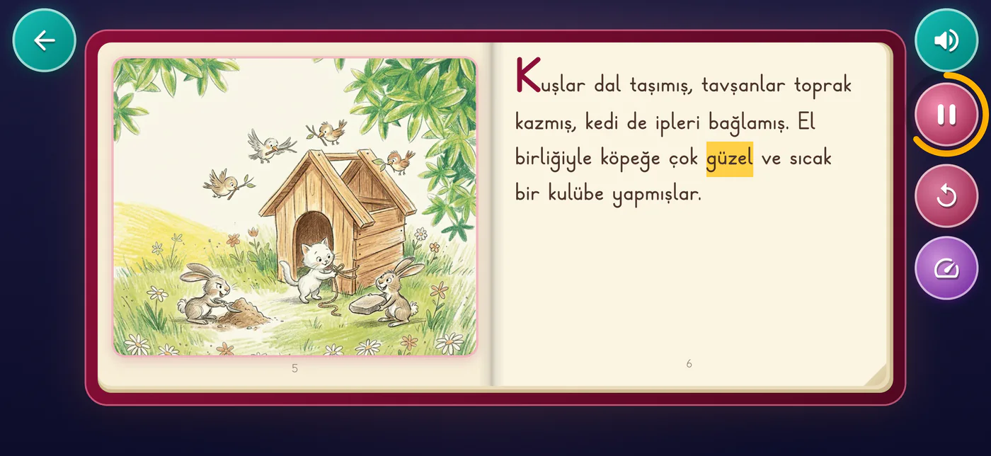 Açık masal kitabında sesli okuma ve sözcük takibi